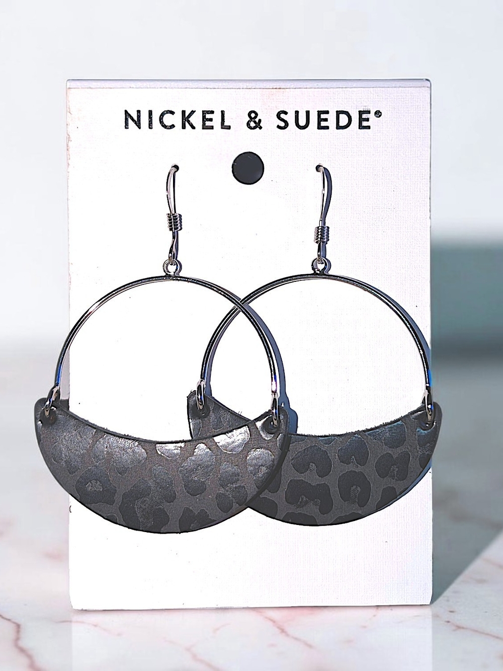 New Nickel & Suede Gunmetal Leopard Crescent Hoop Earrings